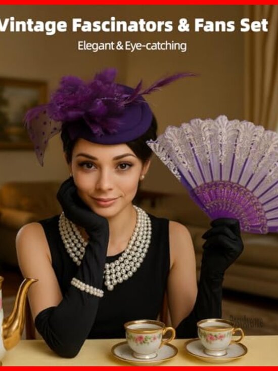 Vintage Tea Party Fascinator Set with Clip Hats and Lace Fans for Weddings main image 6